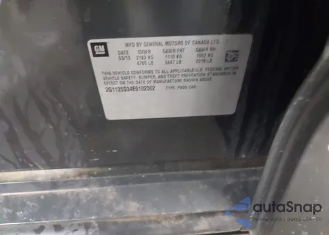 2014 Chevrolet Impala 2Lt из США, поврежденный, VIN 2G1125S34E9102362